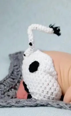 Hand-knitted white newborn cow suit with matching hat and pants for 0-3 month infants