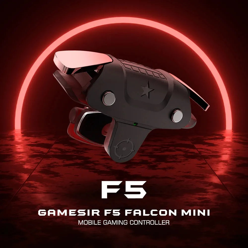 Black F5 mobile game controller for smartphones showing its compact size and button layout.