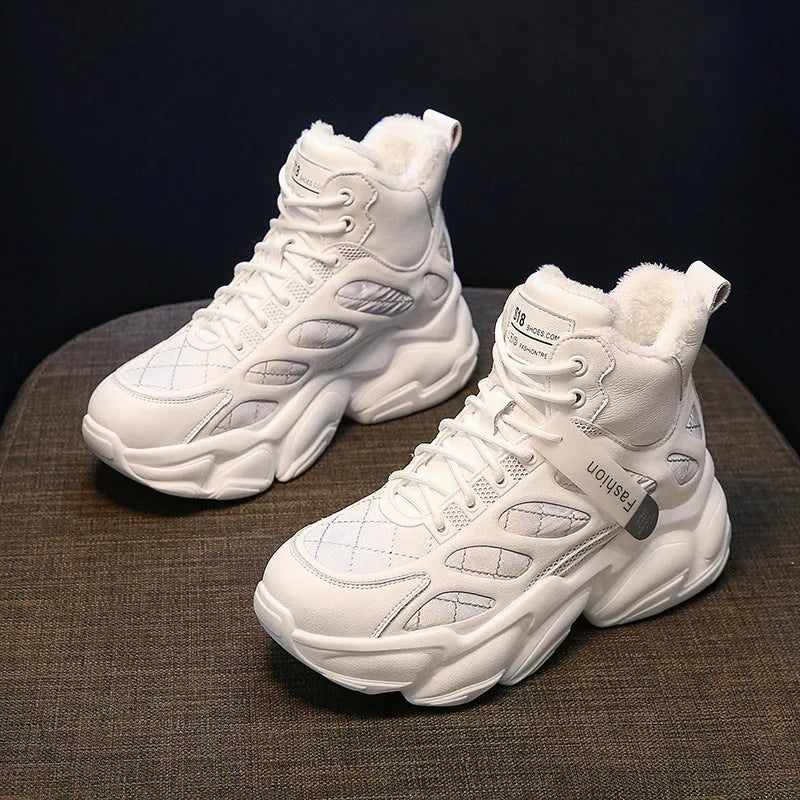 Women's high-top casual shoes with waterproof PU upper, non-slip rubber sole, and suede lining in beige