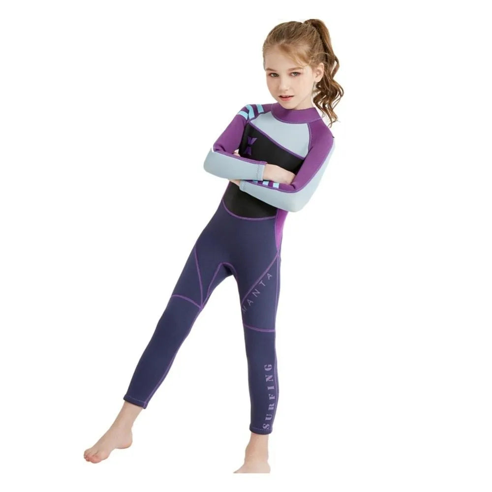 Children diving suit in black pink for girls, SCR neoprene wetsuit with long sleeves