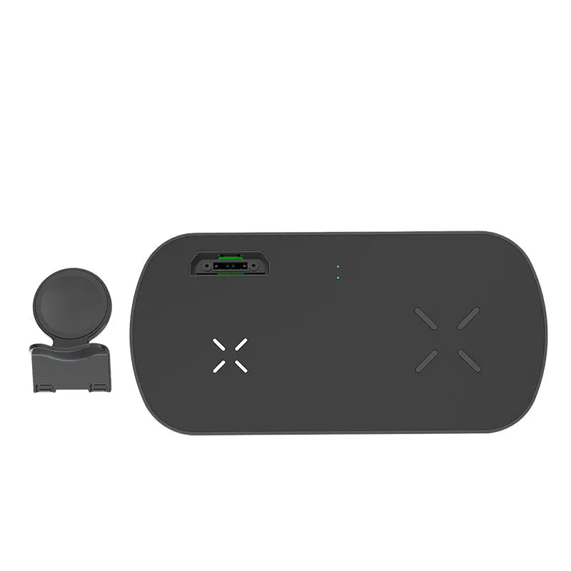 3 in 1 wireless charger in black with Galaxy Watch Active and earbuds placed on charging zones