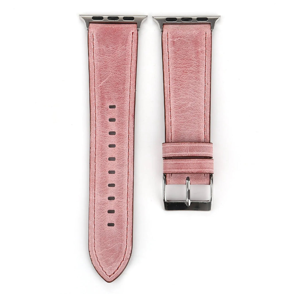 Leather watch strap with folding buckle shown in multiple colour options.