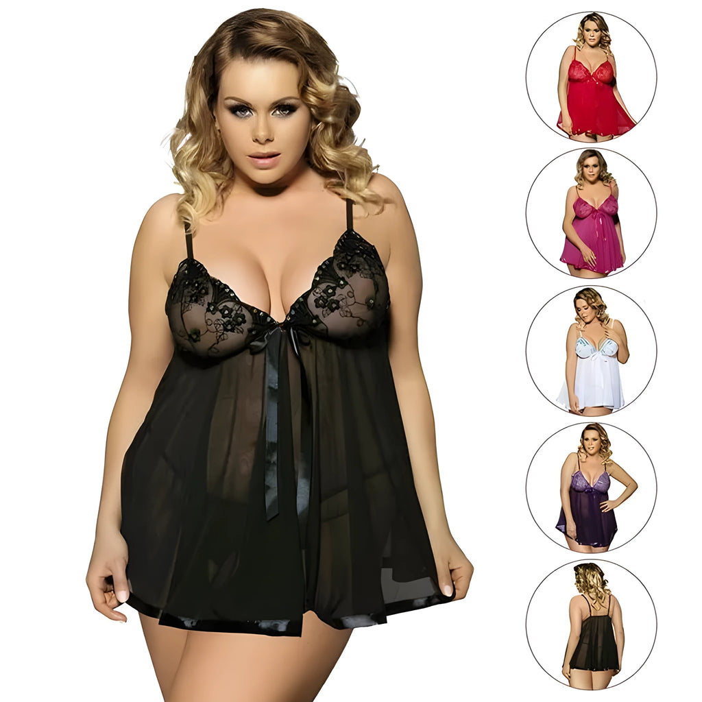 Women's black lace mesh lingerie sling dress sleepwear in 6XL size with seamless construction