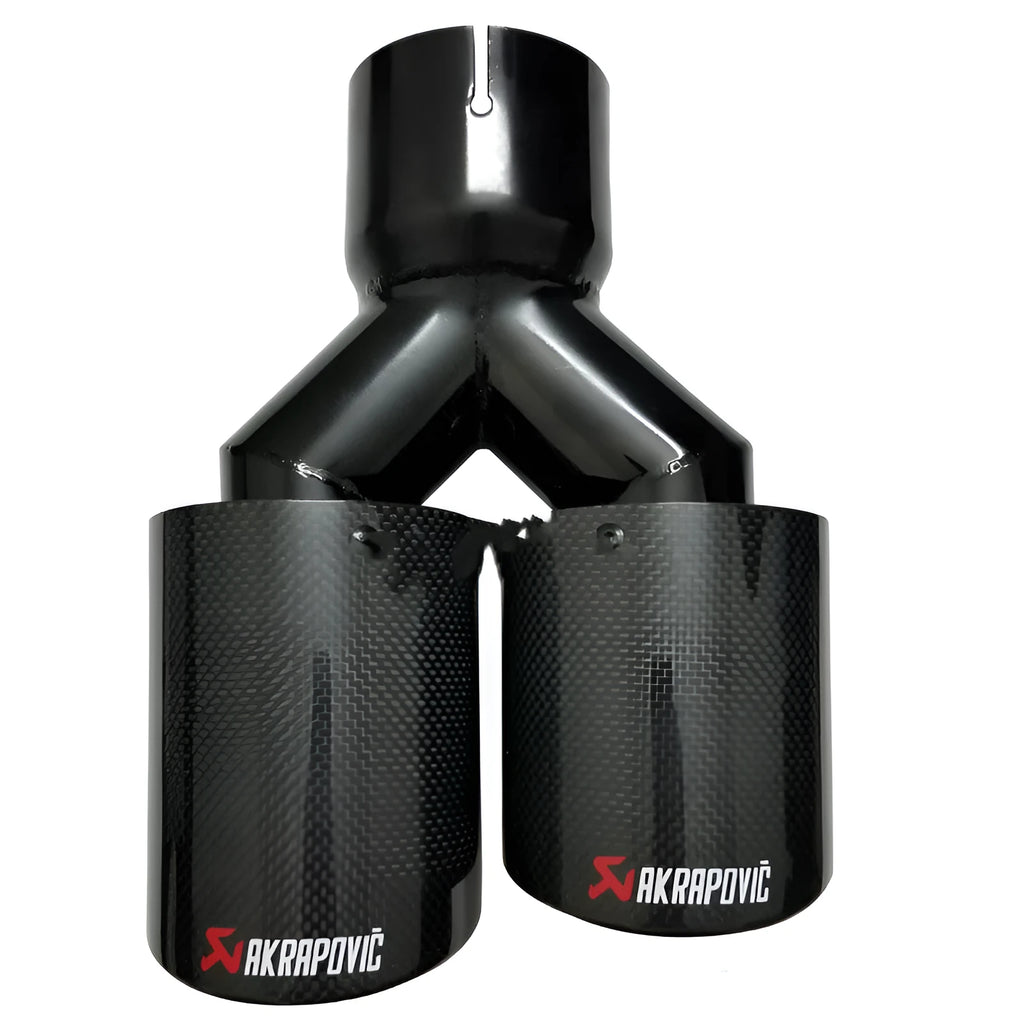 Car modified muffler double outlet bright black exhaust pipe tail throat with carbon fibre trim on car rear