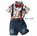 White cartoon trouser suit set for infant includes romper or shirt and pants short sleeves no hood summer style