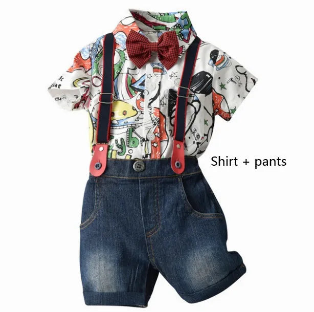 White cartoon trouser suit set for infant includes romper or shirt and pants short sleeves no hood summer style