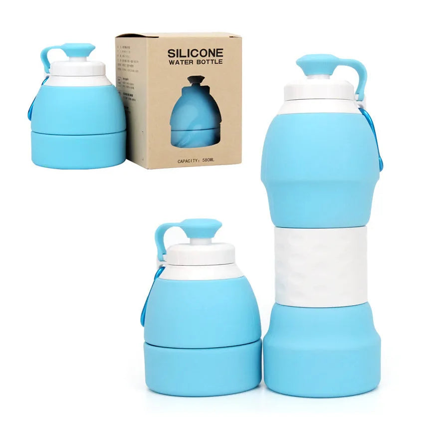 Blue silicone folding water bottle shown both fully expanded and folded to half its height