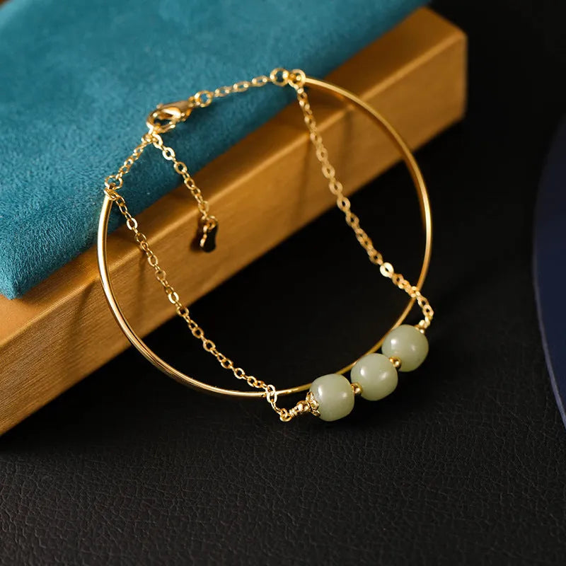 Hetian jade lucky beads bracelet with gold inlay in single, double, and triple bead versions