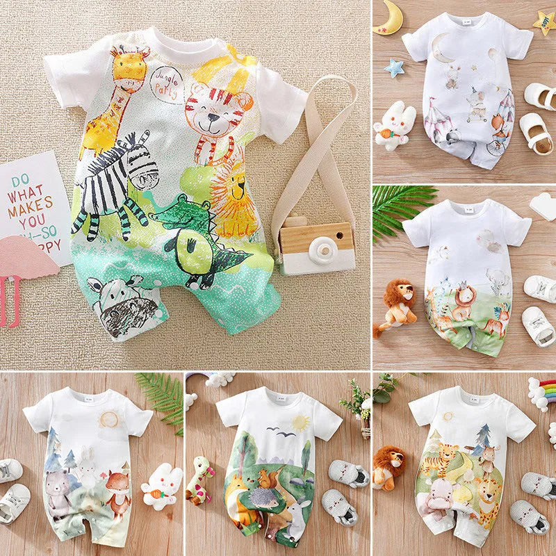 Summer baby romper short sleeve thin polyester jumpsuit with printed design for unisex newborn 52-90cm