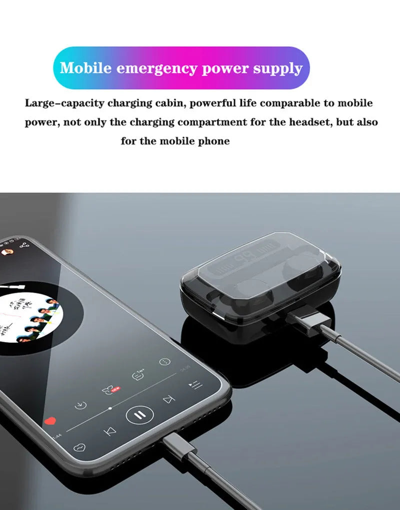 Black M11 Bluetooth wireless headset with charging case and built-in mobile phone holder