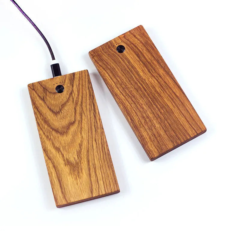 Wooden handicraft power bank with 8000mAh capacity, fast charge output, and slim rectangular design