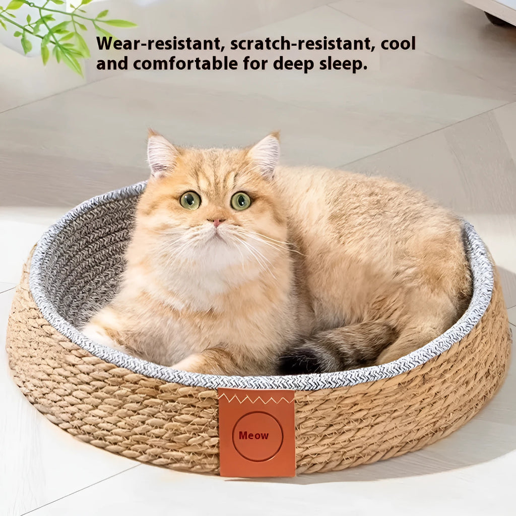 Rattan cat nest pet bed available in S, M, L, and XL sizes with open weave construction