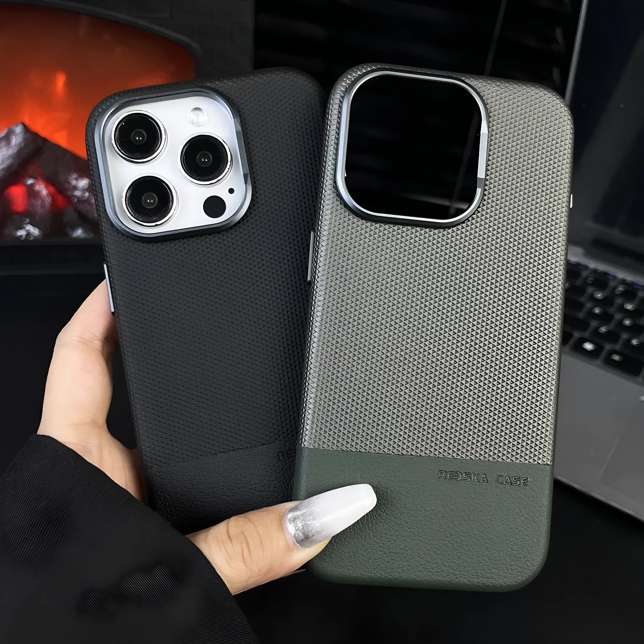 Black dragon scale texture magnetic iPhone case showing side stitching and all-inclusive design.