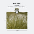 Waterproof military hooded raincoat in army green, measuring 100x120 cm, folded for display