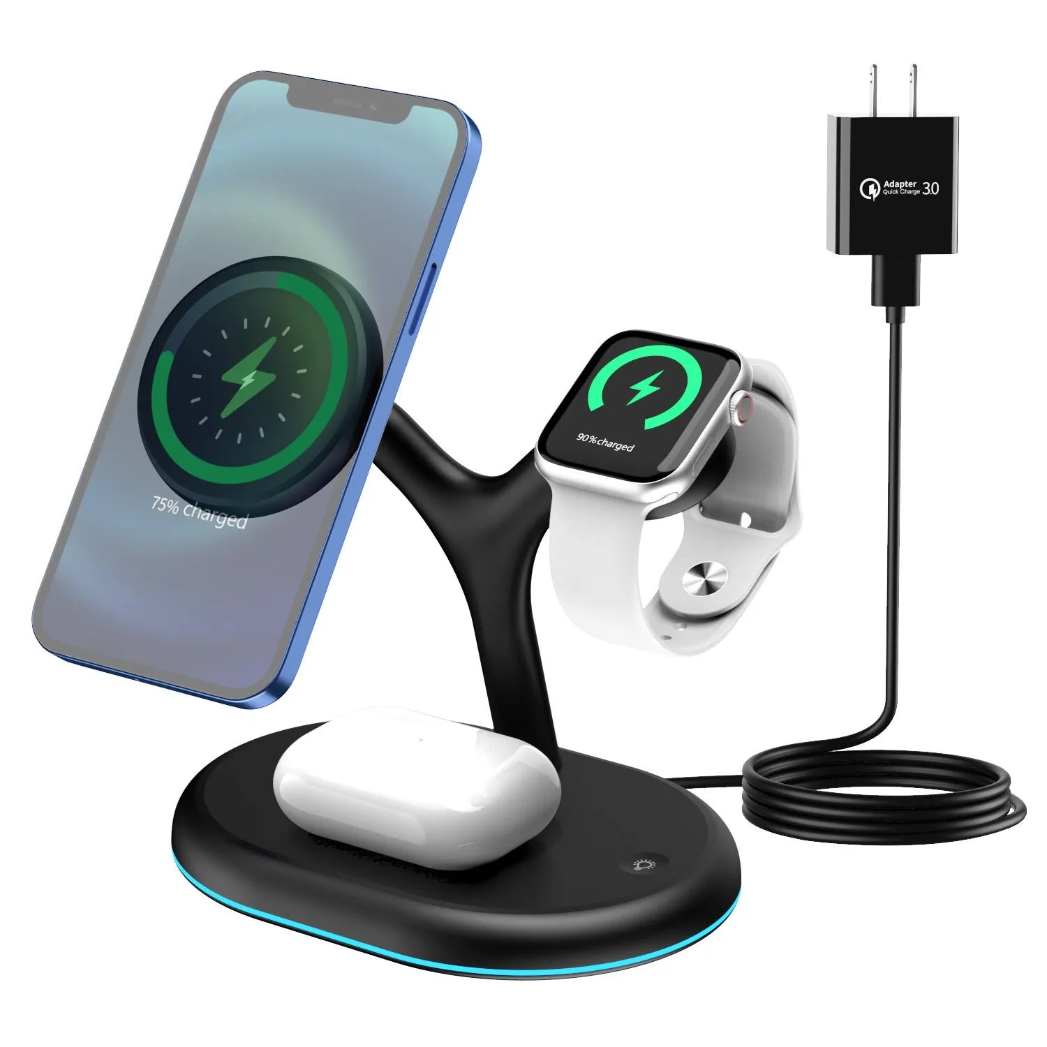 Black three-in-one magnetic wireless charger showing compact ABS body on a desk.