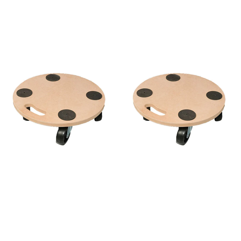 Two wooden platform trolleys with natural wood finish and non-slip surfaces for tool transportation