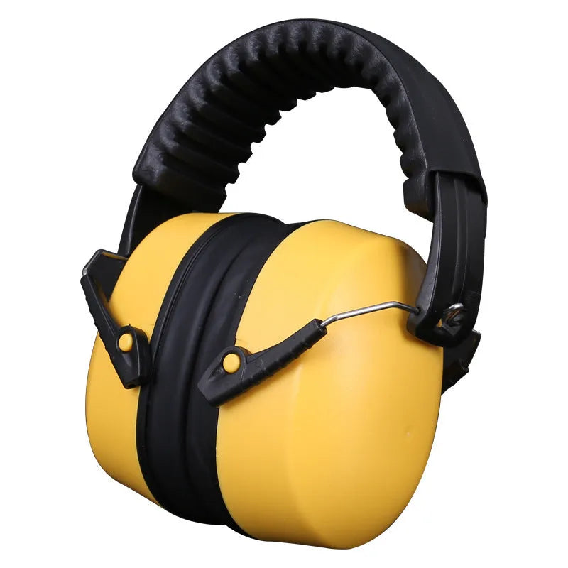 Orange adjustable noise-reducing headphones with protective earmuffs on a grey background.