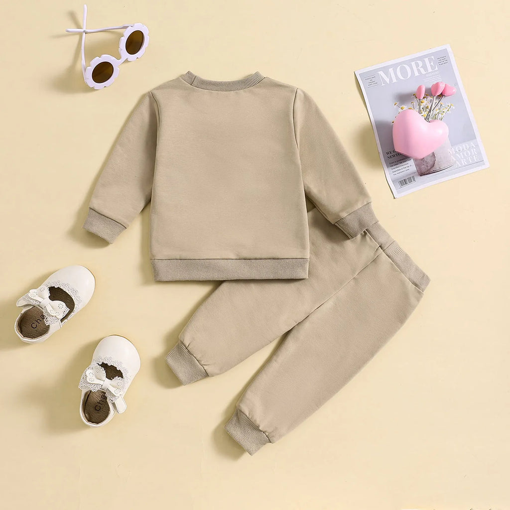 Fashion boys and girls spring autumn cotton suit with cartoon letter patterns in apricot and khaki