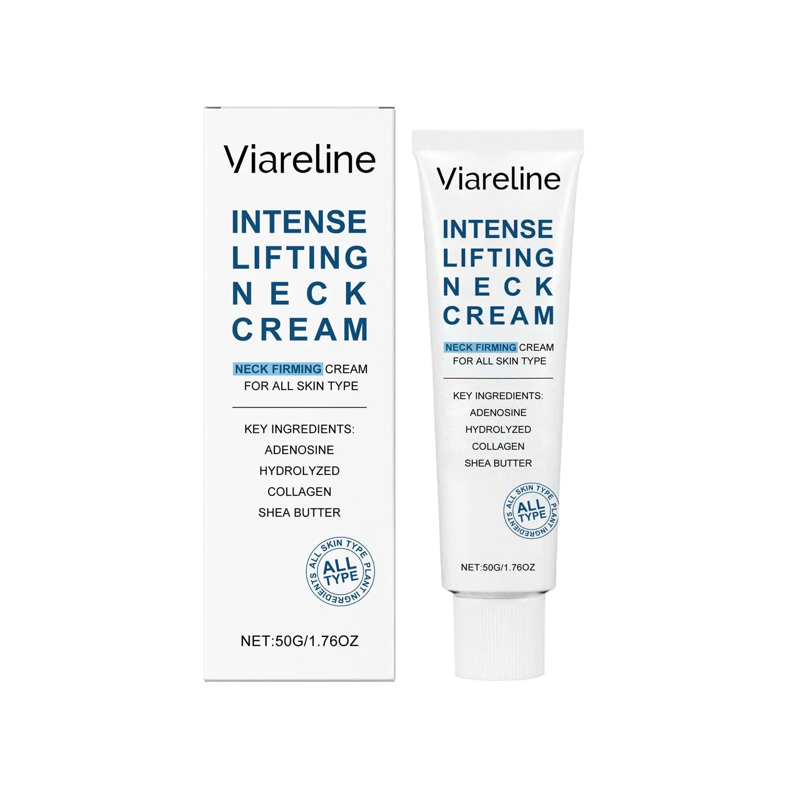 50g jar of lifting and tightening neck cream with collagen and hyaluronic acid.