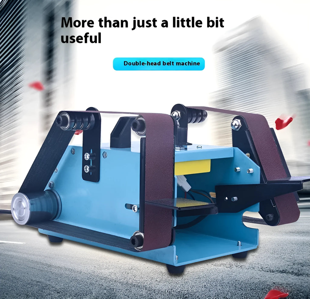 Blue desktop dual-axis belt sander and polisher tool with variable speed control for workshop use.