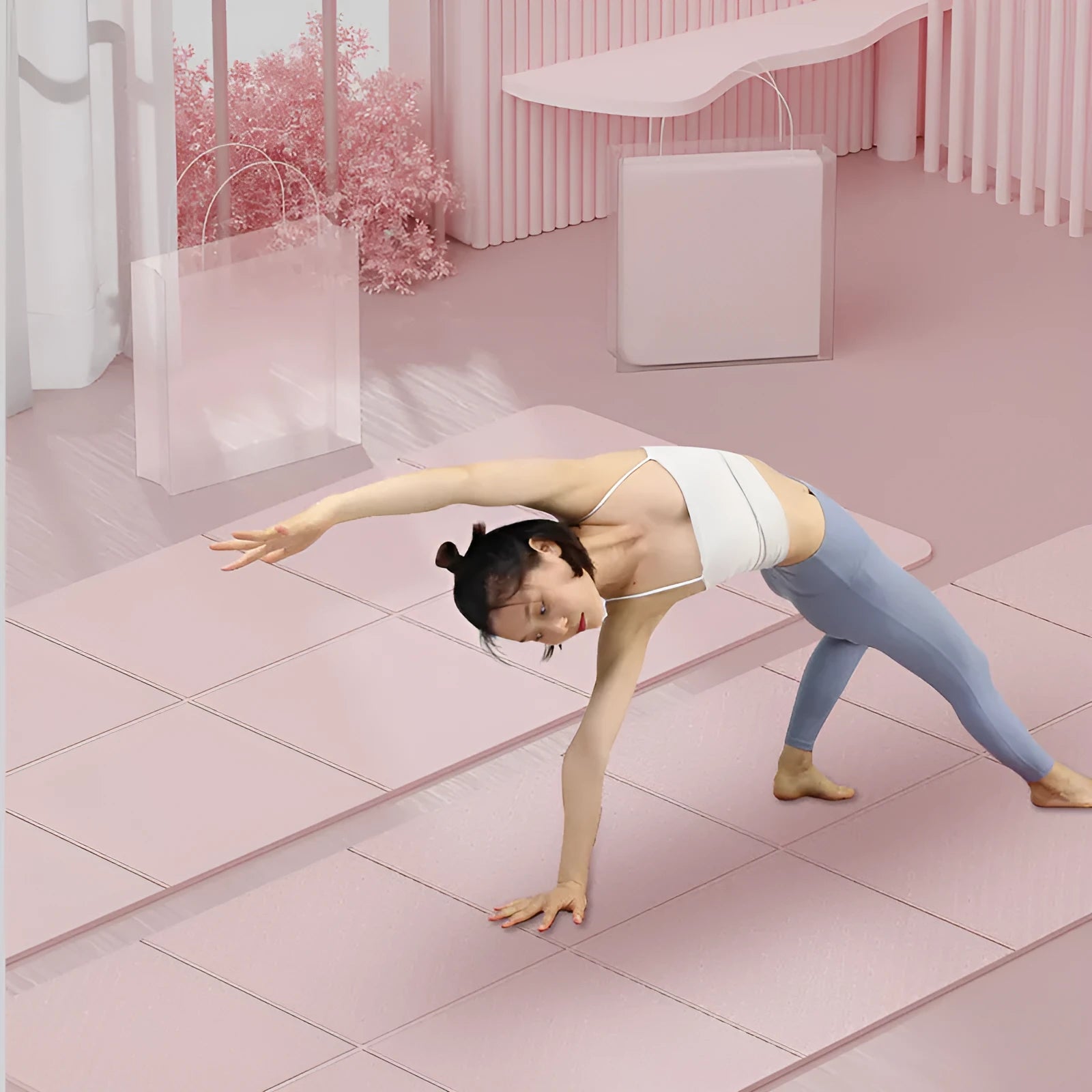 Thickened blue TPE folding exercise mat showing six-fold design for portability