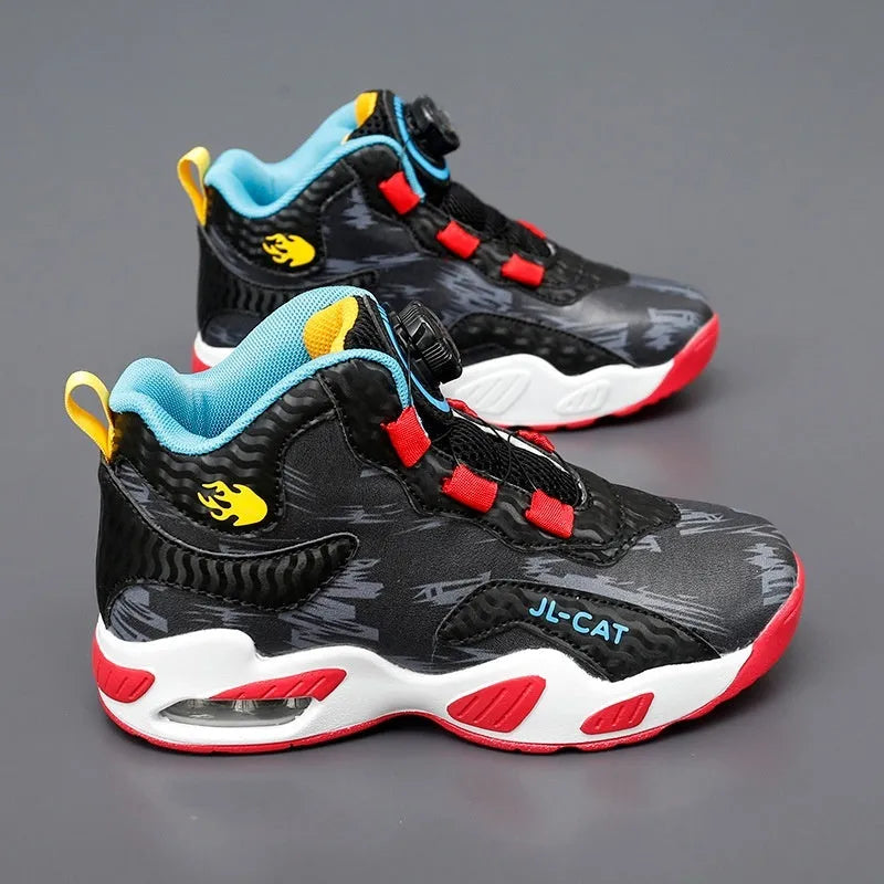 Boys' rotating button basketball shoes in black synthetic leather with cushioned PU sole