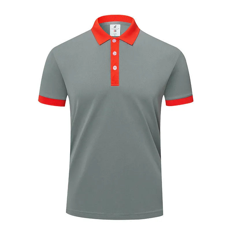 Lapel style T-shirt for men and women in a viscose polyester blend, shown in multiple colours.