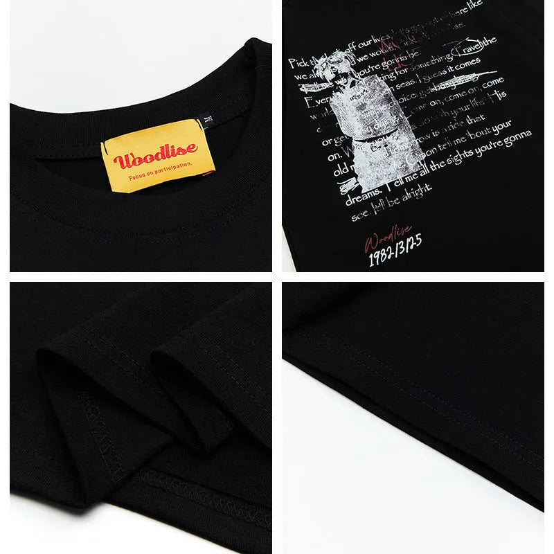 Men's black cotton hip hop style t-shirt with white printed letters and loose fit