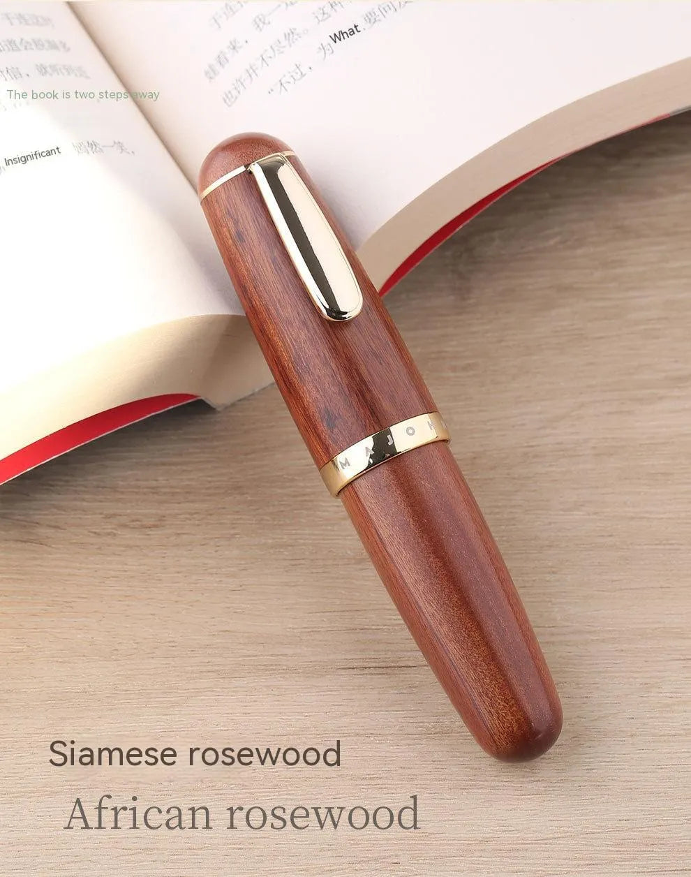 Solid wood short chubby ink pen with fine tip on wooden surface