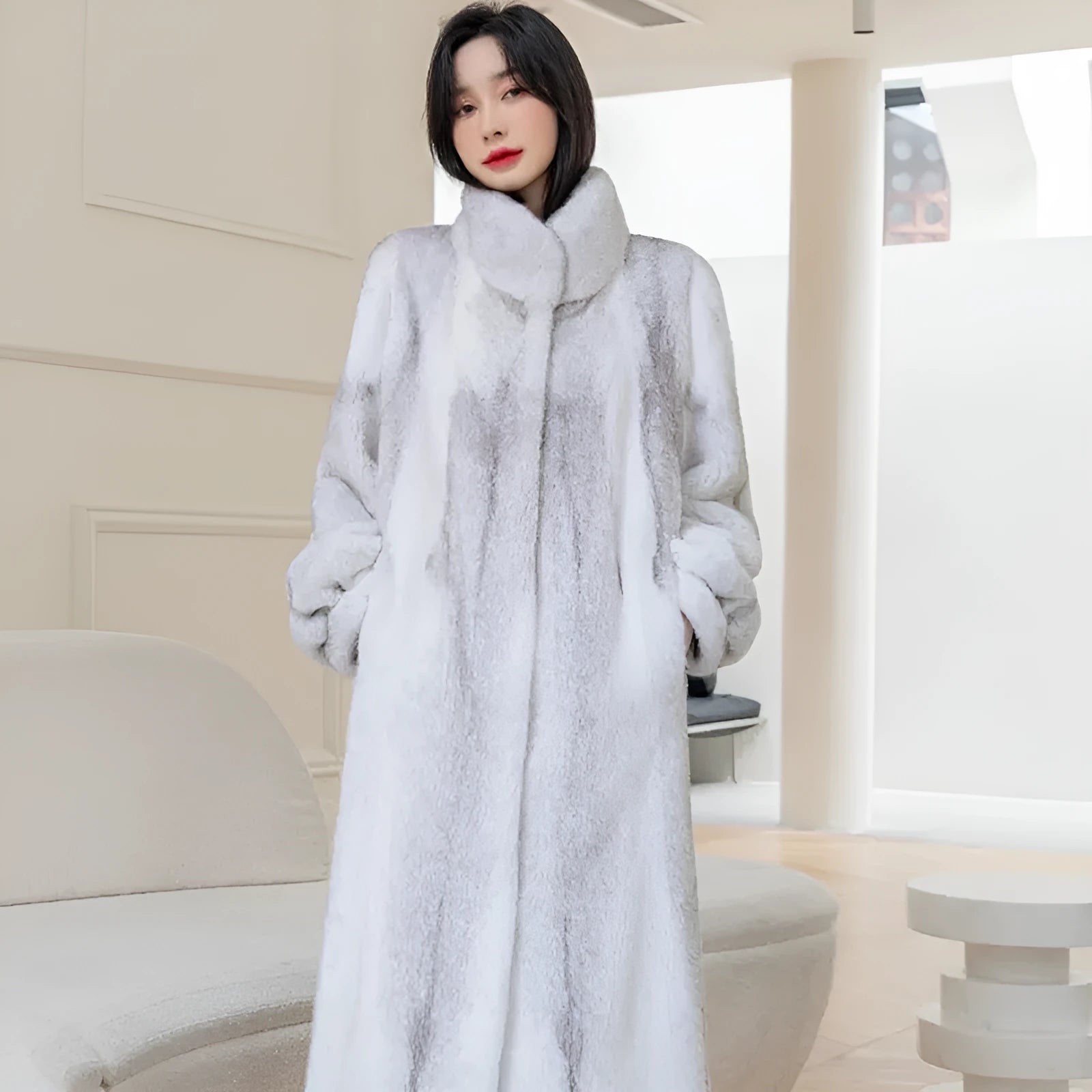 White women's faux fur coat with a stand-up collar and regular sleeves