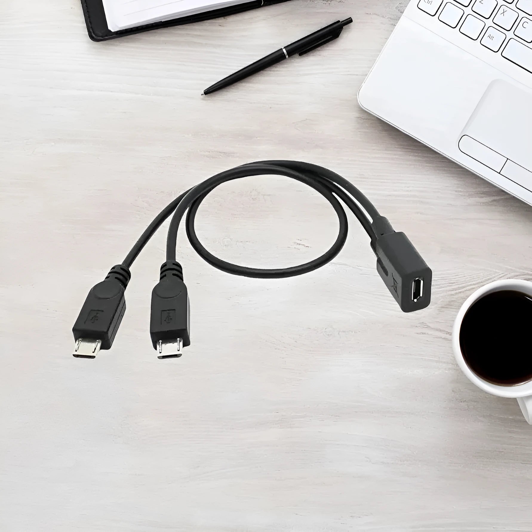 Black Micro USB splitter cable with one female and two male ends, 19cm and 33cm legs