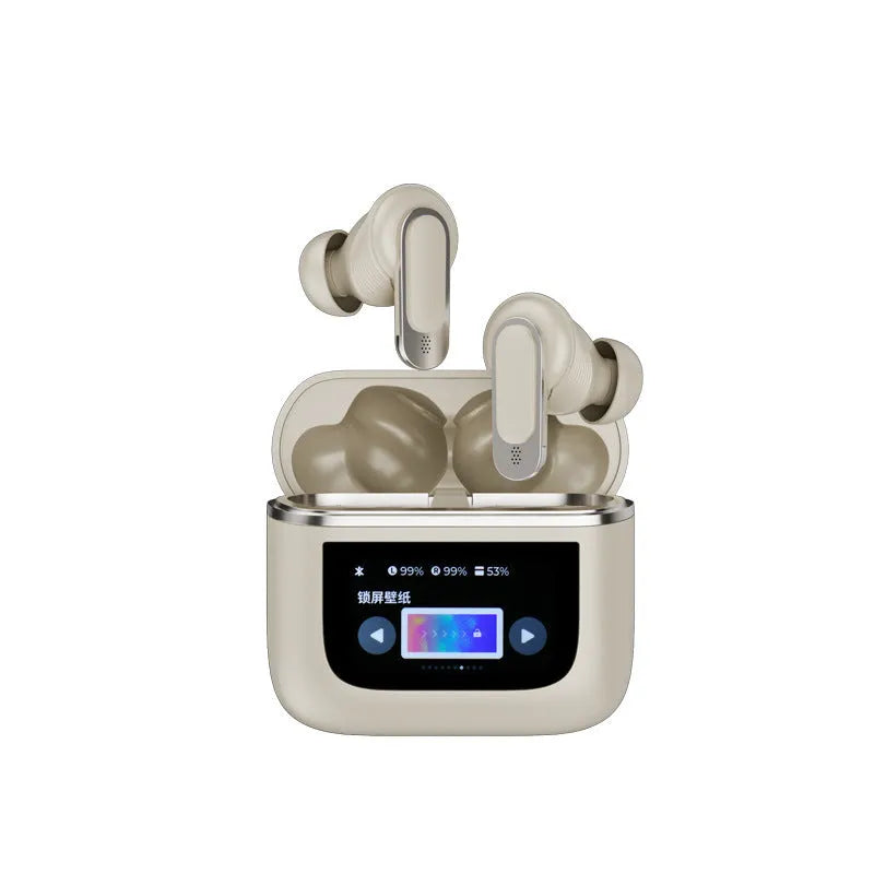 Touch screen active noise reduction Bluetooth headset in black with visible display on earpiece.