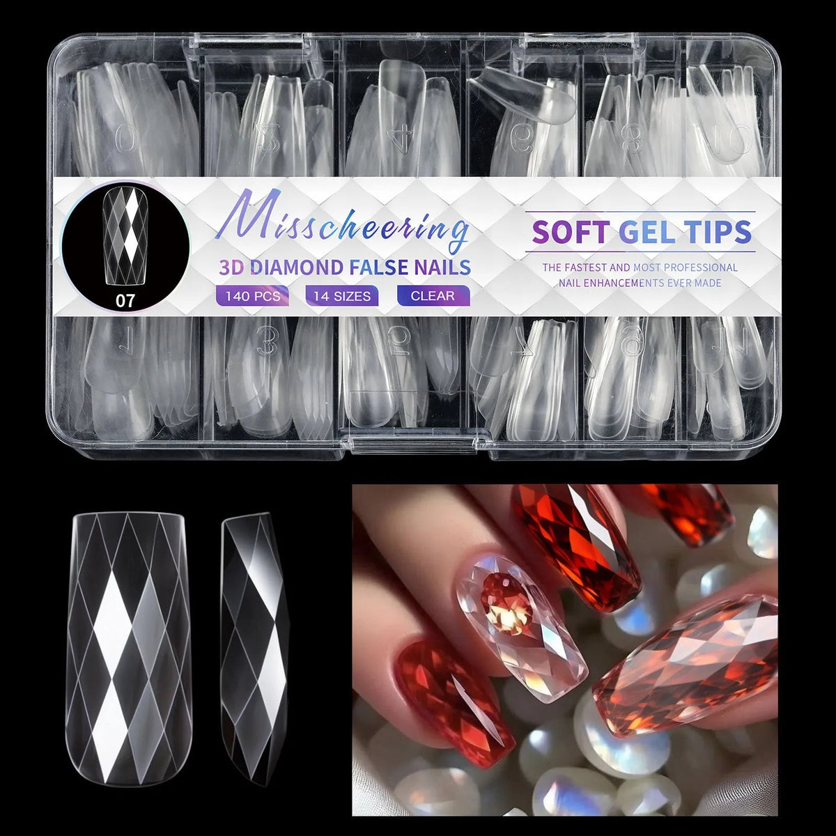 3D diamond wear long shaping artificial nail tips in twelve different colour options