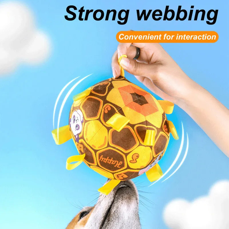15cm interactive ball dog toy with plush handle and bells in green colour