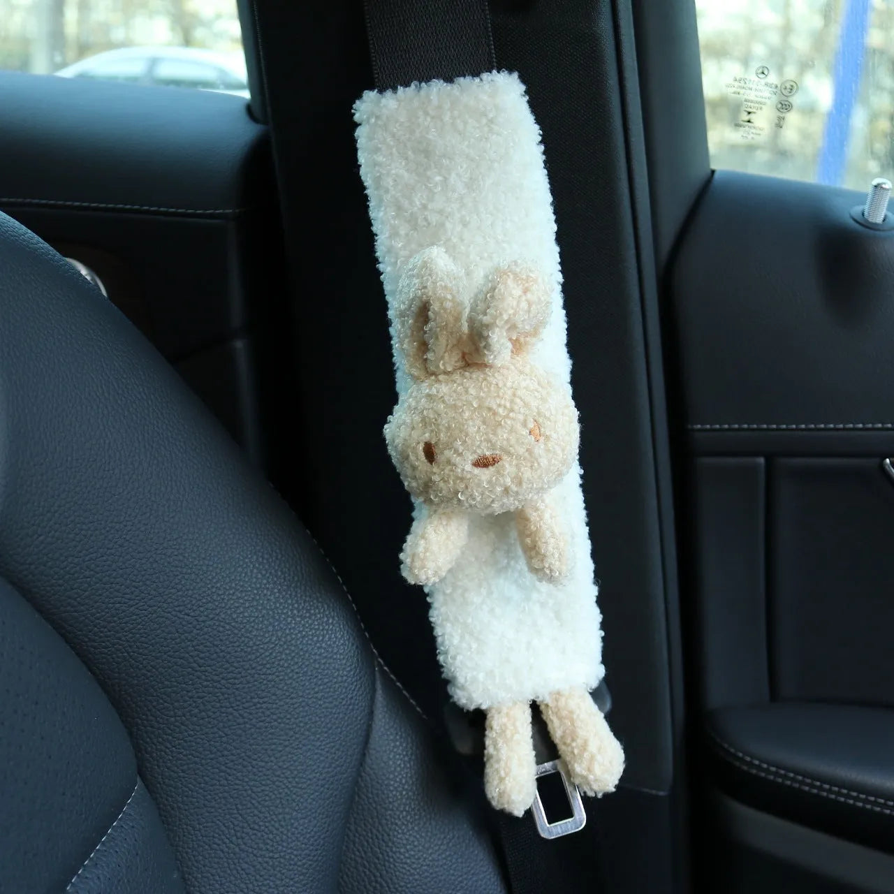 Cartoon plush rabbit and bear design car seat belt shoulder protector made from soft lamb wool.