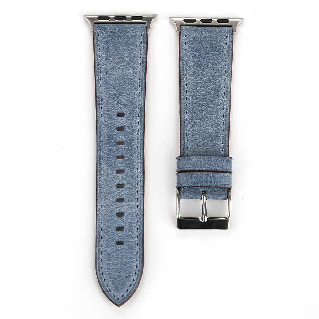 Leather watch strap with folding buckle shown in multiple colour options.