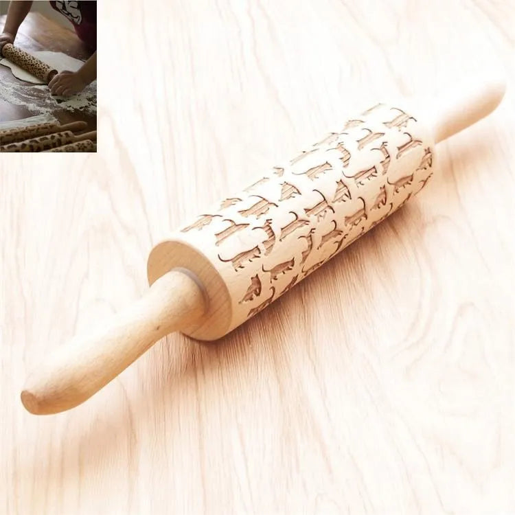 Wooden rolling pin with embossed Christmas patterns including reindeer and snowflakes on a 45cm length.