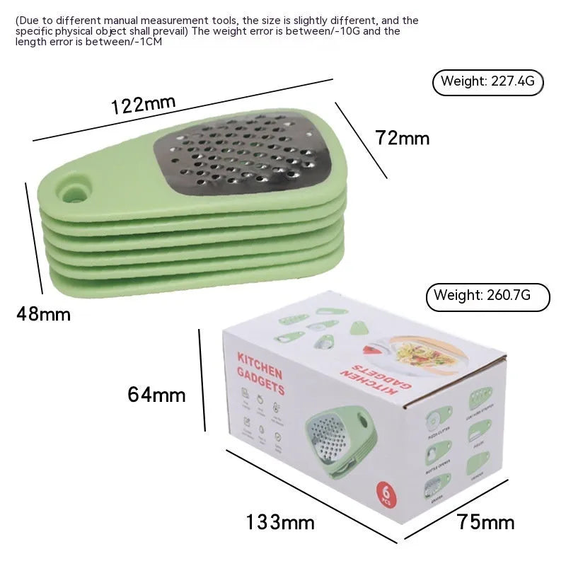 Six-piece kitchen gadget set with stainless steel and PC tools in colour box packaging