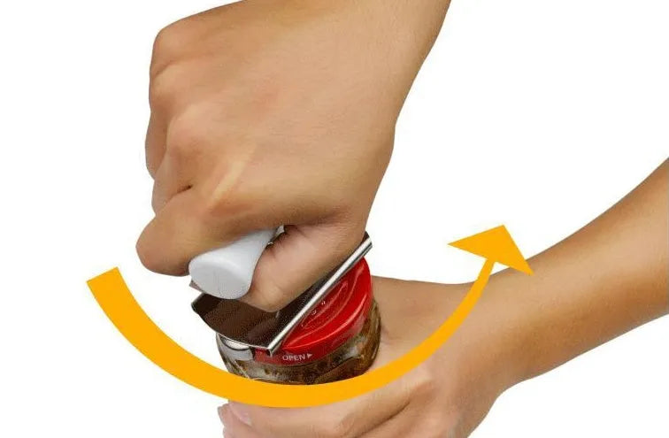 White adjustable stainless steel bottle cap opener with gear mechanism and textured handle.