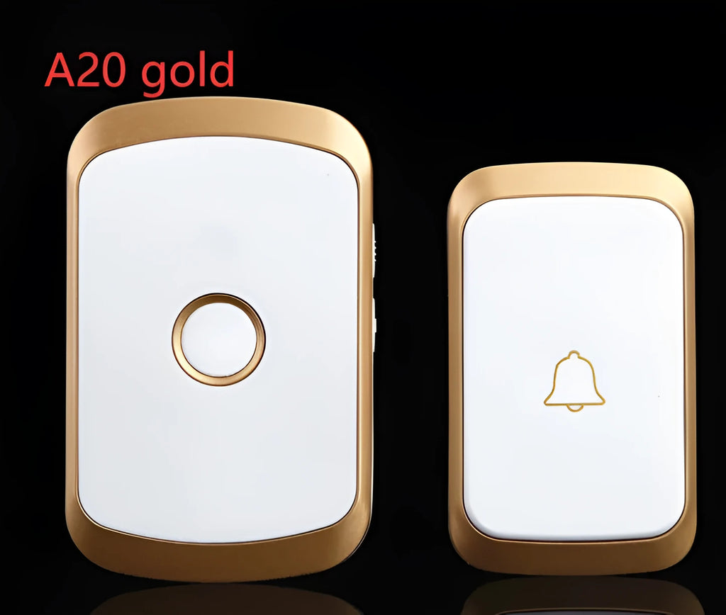 Wireless doorbell plug-in receiver and battery-powered push-button transmitter unit.