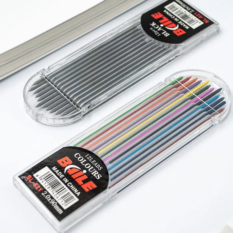 Pack of 12 automatic lead refills, 2.0mm diameter, 90mm length, in black and multicolor, PP material