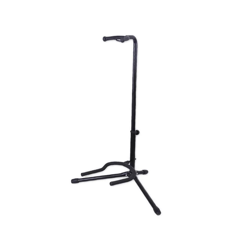 Black folding guitar stand holding an acoustic guitar, showing rubber contact points on neck and body supports.