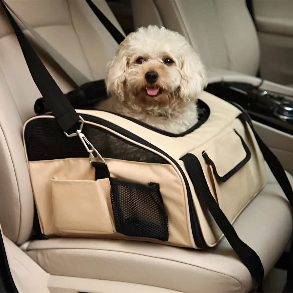 Pet car seat bag in quilted fabric with breathable mesh, folded size 44x39 cm, expanded 43x38x26 cm, black