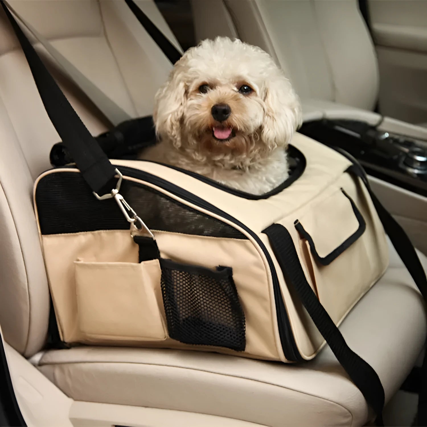 Pet car seat bag in quilted fabric with breathable mesh, folded size 44x39 cm, expanded 43x38x26 cm, black