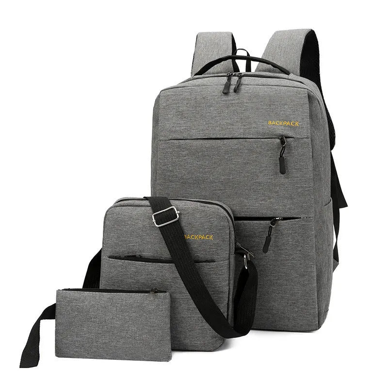 Three men's nylon backpacks in different colours showing USB port and internal laptop compartment.