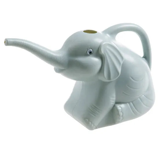 Blue elephant-shaped children's plastic watering can with a long nozzle and ergonomic handle.