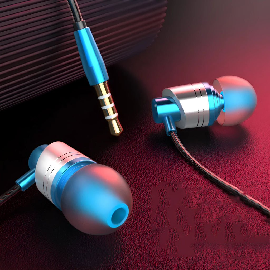 Black wired in-ear headphones with 3.5mm plug, silicone tips, and an inline microphone on the cable.