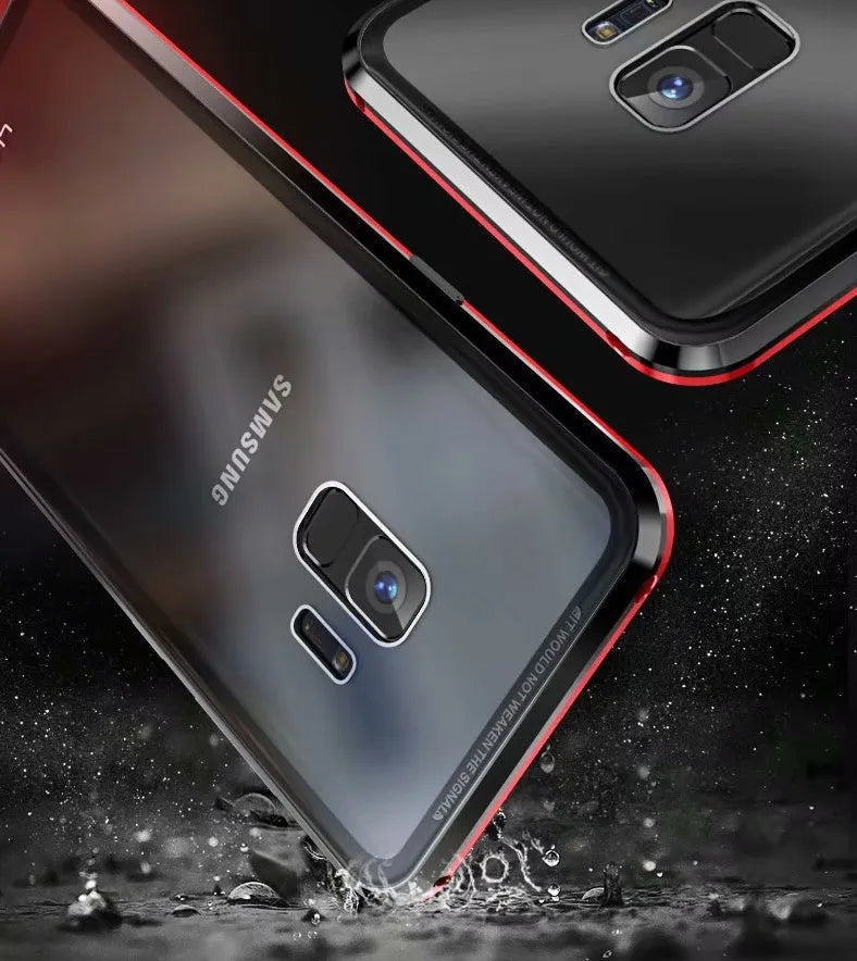 Black magnetic clamshell phone case for Samsung smartphones with glass construction and closed magnetic design