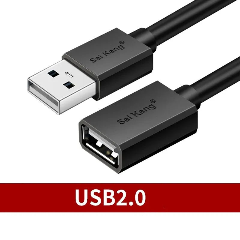 Black USB-A male to female extension cable showing connector details and available in multiple lengths.
