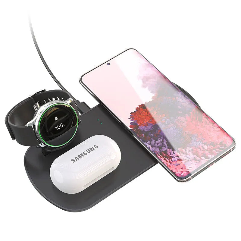 3 in 1 wireless charger in black with Galaxy Watch Active and earbuds placed on charging zones
